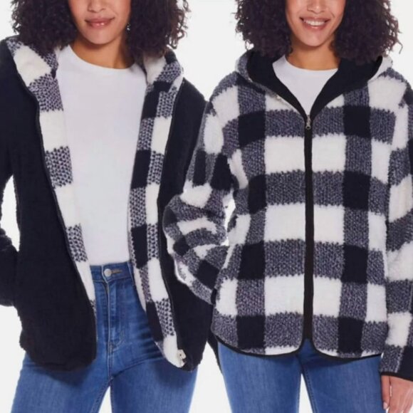 NWT Weatherproof Reversible Sherpa Zip Hoodie Black/White Buffalo Plaid Size S - Picture 2 of 16